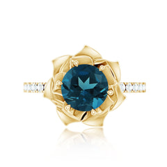 Rose Flower Engagement Ring with London Blue Topaz and Diamond