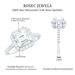 Certified Asscher Cut Moissanite Halo Engagement Ring for Women
