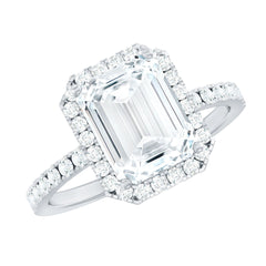 Certified Moissanite Emerald Cut Engagement Ring With Halo