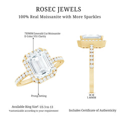 Certified Moissanite Emerald Cut Engagement Ring With Halo