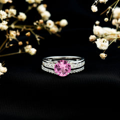 Lab Grown Pink Sapphire and Moissanite Solitaire Bridal Ring Set