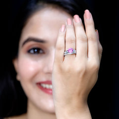 Lab Grown Pink Sapphire and Moissanite Solitaire Bridal Ring Set