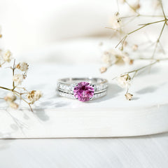 Lab Grown Pink Sapphire and Moissanite Solitaire Bridal Ring Set