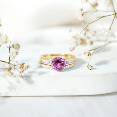 Lab Grown Pink Sapphire and Moissanite Solitaire Bridal Ring Set