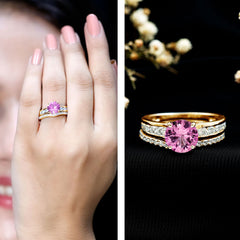 Lab Grown Pink Sapphire and Moissanite Solitaire Bridal Ring Set