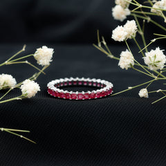 Princess Cut Ruby Eternity Ring – Thin Ruby Wedding Band in Shared Prong Setting | Real AAA Ruby