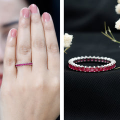 Princess Cut Ruby Eternity Ring – Thin Ruby Wedding Band in Shared Prong Setting | Real AAA Ruby