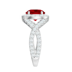 Round Created Ruby Crossover Engagement Ring With Moissanite