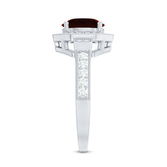 Art Deco 8mm Garnet Engagement Ring with Diamond Halo
