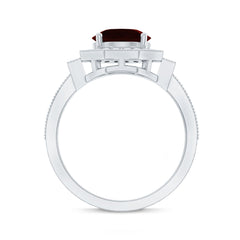 Art Deco 8mm Garnet Engagement Ring with Diamond Halo