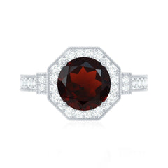 Art Deco 8mm Garnet Engagement Ring with Diamond Halo