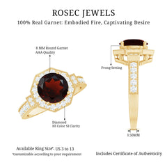 Art Deco 8mm Garnet Engagement Ring with Diamond Halo