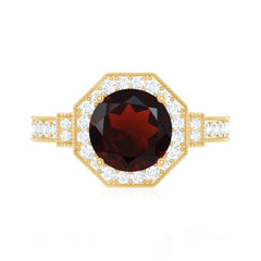 Art Deco 8mm Garnet Engagement Ring with Diamond Halo