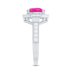 Lab Created Pink Sapphire Vintage Engagement Ring with Diamond Halo
