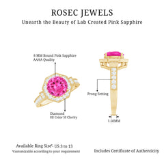 Lab Created Pink Sapphire Vintage Engagement Ring with Diamond Halo