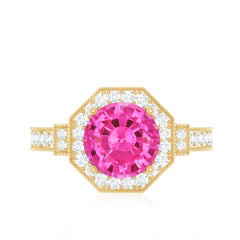 Lab Created Pink Sapphire Vintage Engagement Ring with Diamond Halo