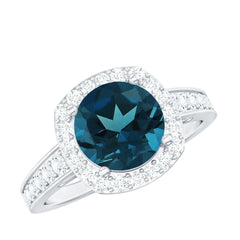 Vintage Halo Engagement Ring with London Blue Topaz and Diamond