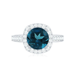 Vintage Halo Engagement Ring with London Blue Topaz and Diamond