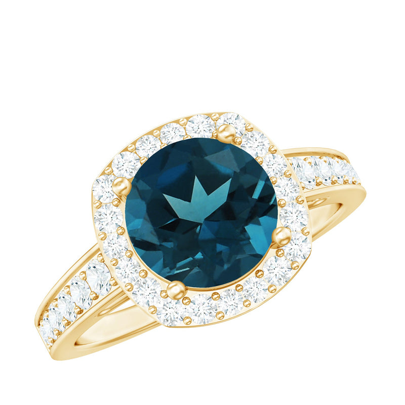 Vintage Halo Engagement Ring with London Blue Topaz and Diamond