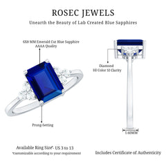 Emerald Cut Lab Created Blue Sapphire Engagement Ring with Diamond Accent