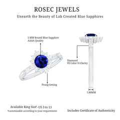 5mm Round Lab Created Blue Sapphire Classic Halo Ring with Diamond