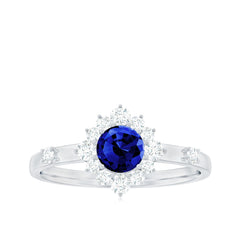 5mm Round Lab Created Blue Sapphire Classic Halo Ring with Diamond