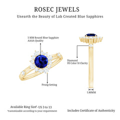 5mm Round Lab Created Blue Sapphire Classic Halo Ring with Diamond