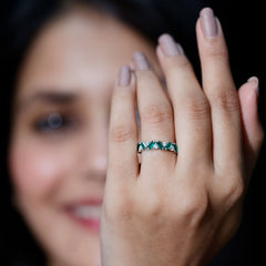 Baguette Shape Lab Grown Emerald Half Eternity Ring with Moissanite