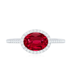 East West Set Lab Grown Ruby Oval Engagement Ring with Diamond