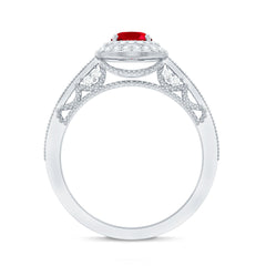 Oval Created Ruby Double Halo Engagement Ring with Diamond