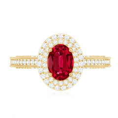Oval Created Ruby Double Halo Engagement Ring with Diamond