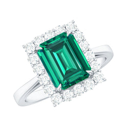Lab Grown 7X9 mm Emerald Cut Emerald Vintage Engagement Ring with Diamond Halo