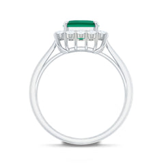 Lab Grown 7X9 mm Emerald Cut Emerald Vintage Engagement Ring with Diamond Halo