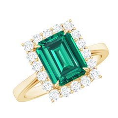 Lab Grown 7X9 mm Emerald Cut Emerald Vintage Engagement Ring with Diamond Halo