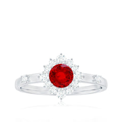 Round Lab Created Ruby Promise Ring with Diamond Halo