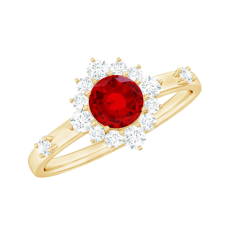 Round Lab Created Ruby Promise Ring with Diamond Halo
