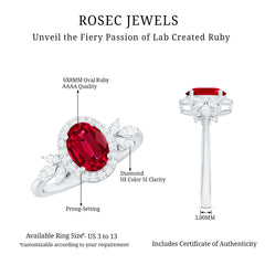 Oval Shaped Lab Created Ruby Nature Engagement Ring with Diamond Accent
