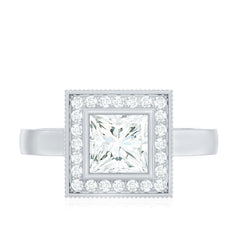 Princess Cut Moissanite Halo Engagement Ring with Milgrain Detail
