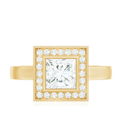 Princess Cut Moissanite Halo Engagement Ring with Milgrain Detail