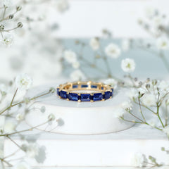 Certified Emerald Cut Lab Grown Blue Sapphire Eternity Band Ring in East West Style
