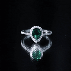 Certified Lab Grown Emerald Teardrop Engagement Ring with Diamond Halo