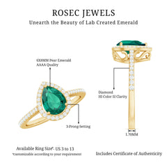 Certified Lab Grown Emerald Teardrop Engagement Ring with Diamond Halo