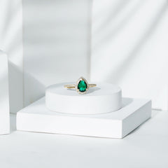 Certified Lab Grown Emerald Teardrop Engagement Ring with Diamond Halo