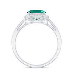 Certified Oval Lab Grown Emerald East West Engagement Ring with Diamond Halo