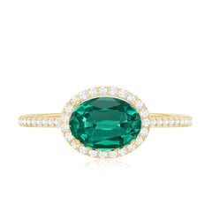Certified Oval Lab Grown Emerald East West Engagement Ring with Diamond Halo