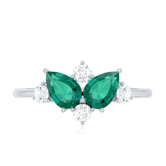 Designer Pear Shape Lab Grown Emerald Toi Et Moi Engagement Ring with Diamond