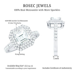 Certified Asscher Cut Moissanite Double Halo Engagement Ring