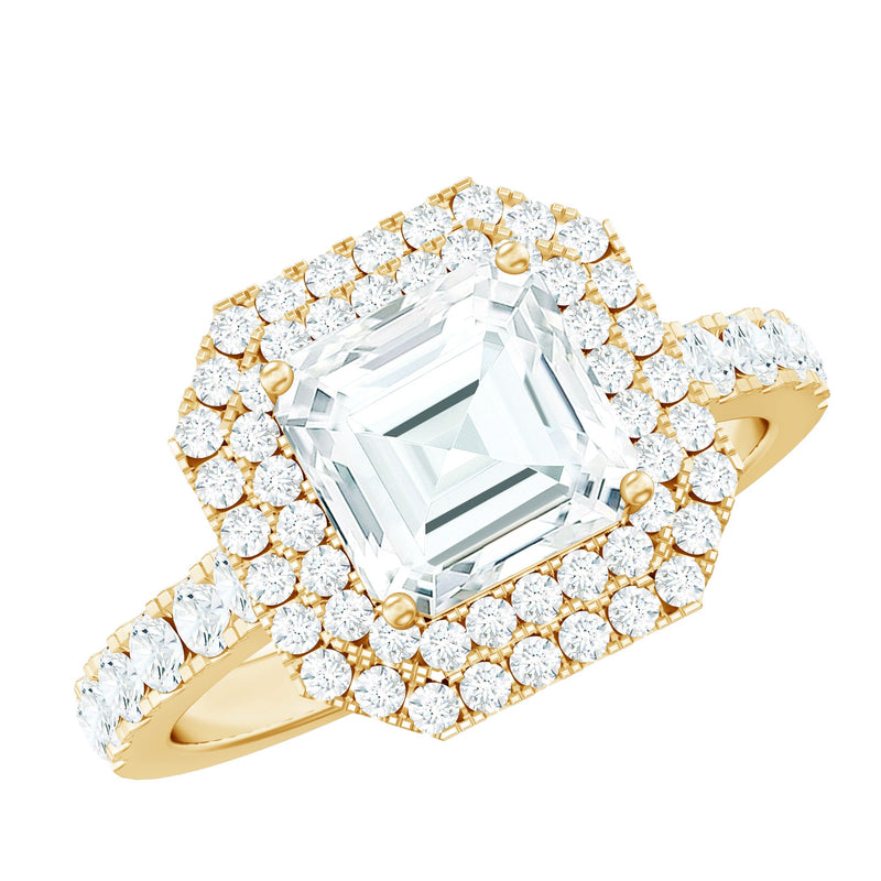 Certified Asscher Cut Moissanite Double Halo Engagement Ring