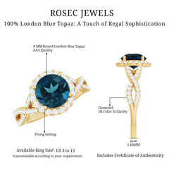 8mm Round London Blue Topaz Crossover Engagement Ring with Diamond Halo