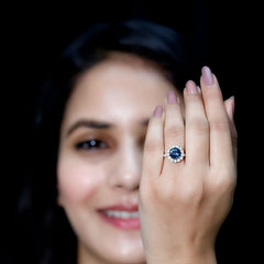 8mm Round London Blue Topaz Halo Engagement Ring with Moissanite